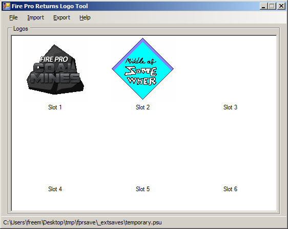 A picture of the program after a save file is loaded. In this example, two logos appear in the first two slots.